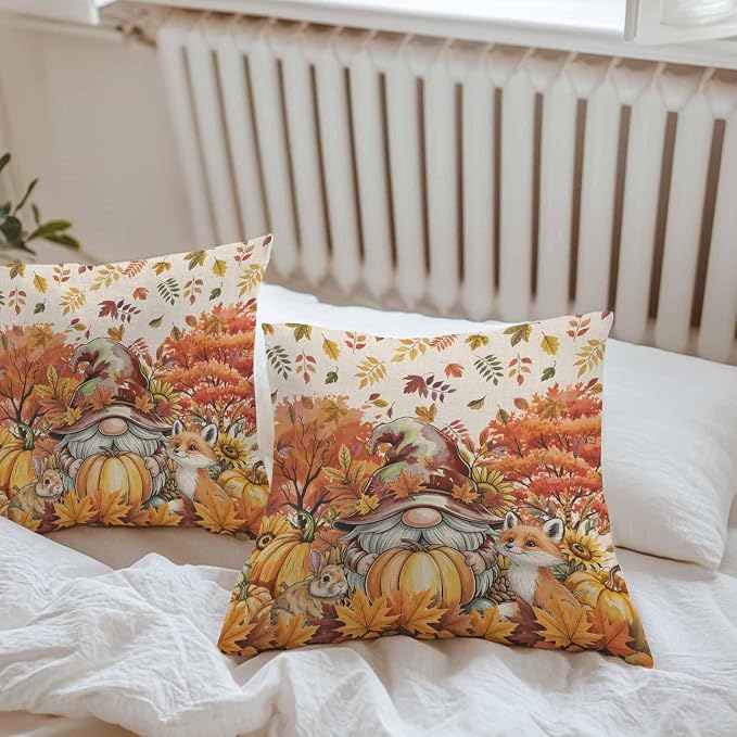 Fall Gnomes Pumpkin Outdoor Waterproof Pillow Covers, Maple Leaves Animal Country Vintage Decorative Square Throw Pillowcase Sofa Cushion Sham for Patio/Couch/Chair, 18"x18" 2 Pack
