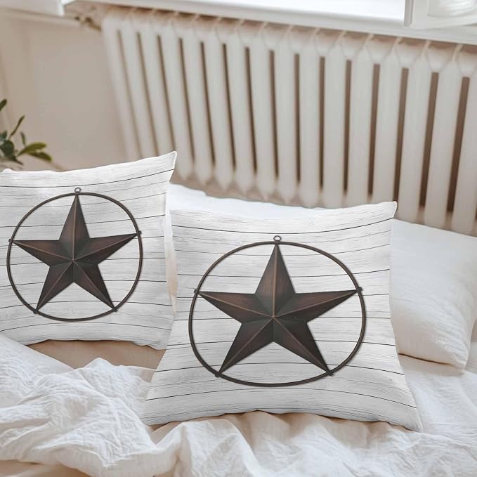 Outdoor Waterproof Pillow Covers for Patio Furniture Western Texas Barn Stars Decorative Throw Pillow Cover Rustic Wooden Pillowcases Set of 2 Cushion Case for Sofa Couch Chair Home Decor 18 x 18 Inch