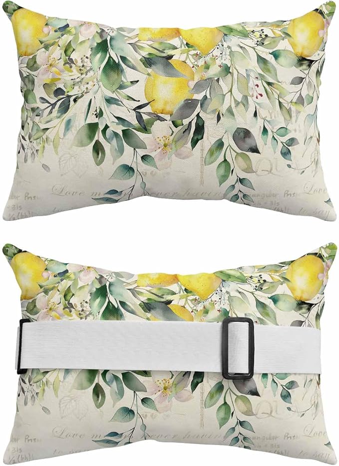 Lumbar Pillow Covers Set of 4, Summer Lemon Waterproof Outdoor Chaise Lounge Pillow Covers with Elastic Strap, Spring Eucalyptus Leaves Botanical Vintage Headrest Pillowcase for Patio, 12 x 20
