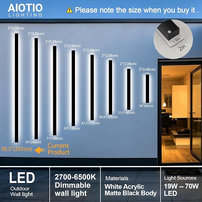 AioTio Modern Outdoor Lights Fixture,2pack 92.5inch Exterior Porch Lights Fixture Wall Mount,Dimmable Rectangular Black Linear Long LED Outdoor Entrance Wall Sconce Lighting for Garage,Front Door