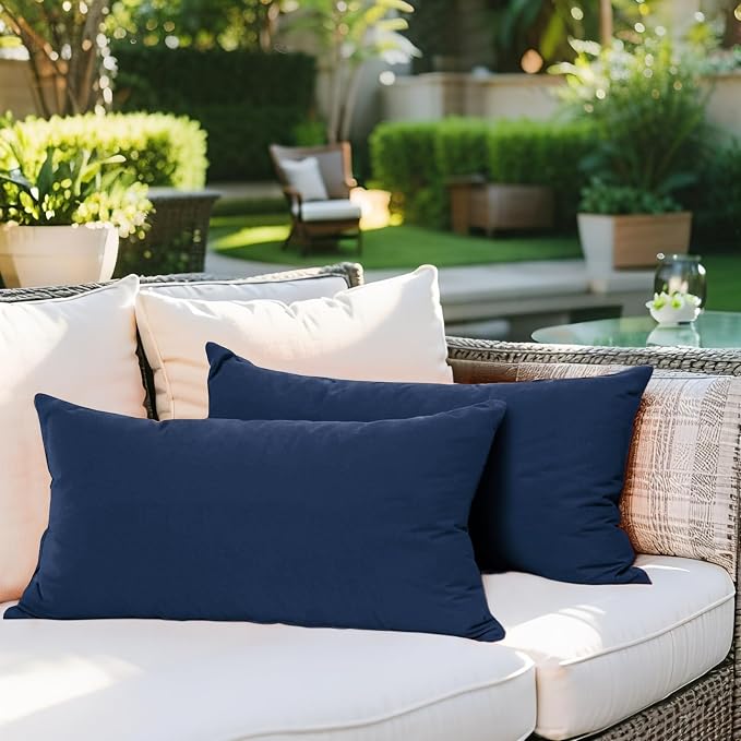 SK Studio Outdoor Water Resistant Throw Pillows, Decorative Patio Lumbar Cushions, Fluffy Furniture Garden Cushions for Home Patio Coach Sofa Use, Pack of 2, Navy Blue, 24x24 Inch