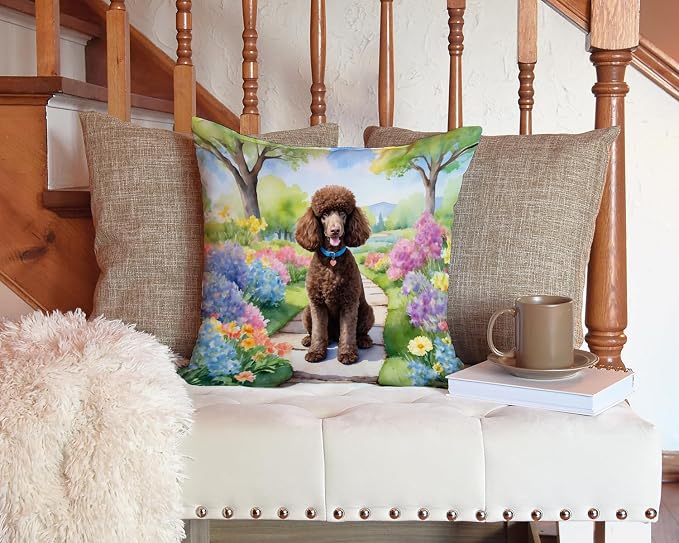 Caroline's Treasures Chocolate Poodle Spring Path Throw Pillow Machine Washable, Indoor Outdoor Decorative Pillow for Couch, Bed or Patio, 14Hx14W
