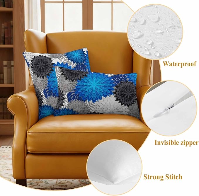 Blue Black Grey Flowers Outdoor Pillow Covers Waterproof, All Weather Cushion Case Set of 2, Boho Colorful Floral Plant Lumbar Pillowcase for Sofa Couch Bed Decor Patio Furniture 20"x12"