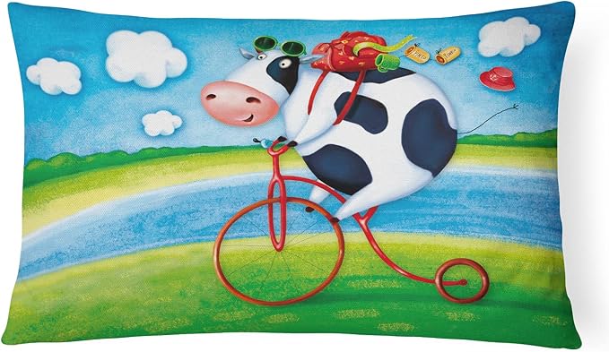 Caroline's Treasures APH0076PW1216 Cow Riding Bicycle Canvas Fabric Decorative Pillow Machine Washable, Indoor Outdoor Decorative Pillow for Couch, Bed or Patio, 12HX16W