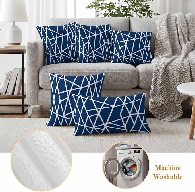 Outdoor Pillow Covers Waterproof, Nave Blue Geometric Decorative Square Throw Pillowcases Patio Cushion Covers for Tent/Garden, 18" x 18" 2 Pack, Abstract Stripes Modern Minimalist