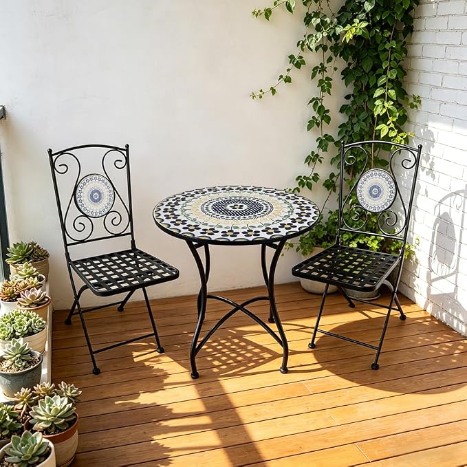 Folding Patio Chairs Set of 2 Mosaic Bistro Chair Outdoor Seating | Garden Patio Furniture Seating Heavy Duty Metal Frame Dining Chairs for Lawn Yard Balcony Porch Backyard Poolside