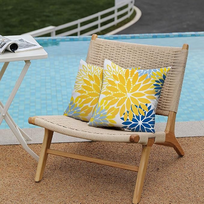 DFXSZ Outdoor Waterproof Pillow Covers 18x18 Set of 2 Yellow Blue Flower | Spring Summer Waterproof Flower Throw Pillowcases（No Inserts）Outdoor Decor for Patio Funiture Garden Polyester Covers