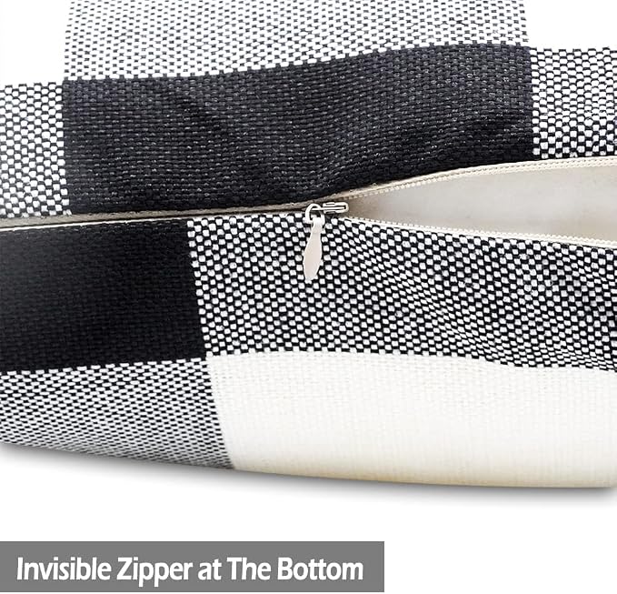 CARRIE HOME Black and White Buffalo Plaid Pillow Covers 20x20 Set of 2 Outdoor Linen Throw Pillow Covers Farmhouse Checkered Pillow Covers 20 x 20, Black Boho Decor for Couch Sofa