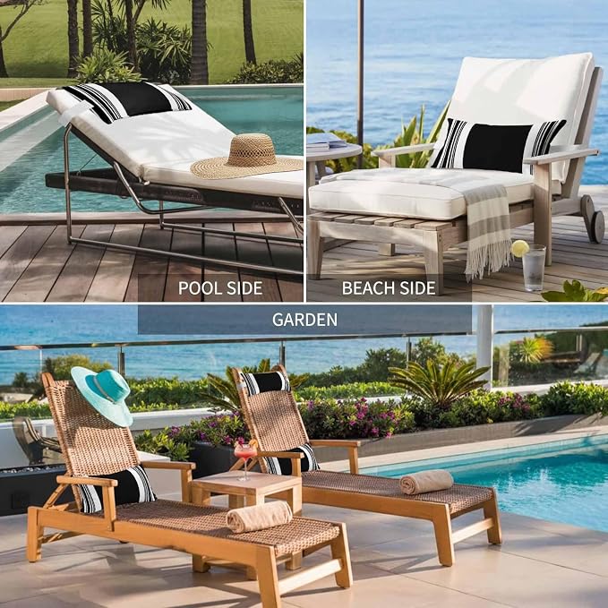 Outdoor Lumbar Pillow Set of 1, Farmhouse Black Waterproof Beach Headrest Pillow with Inserts, Aesthetic Modern Line Striped Recliner Throw Pillows for Patio Furniture, 11 x 16