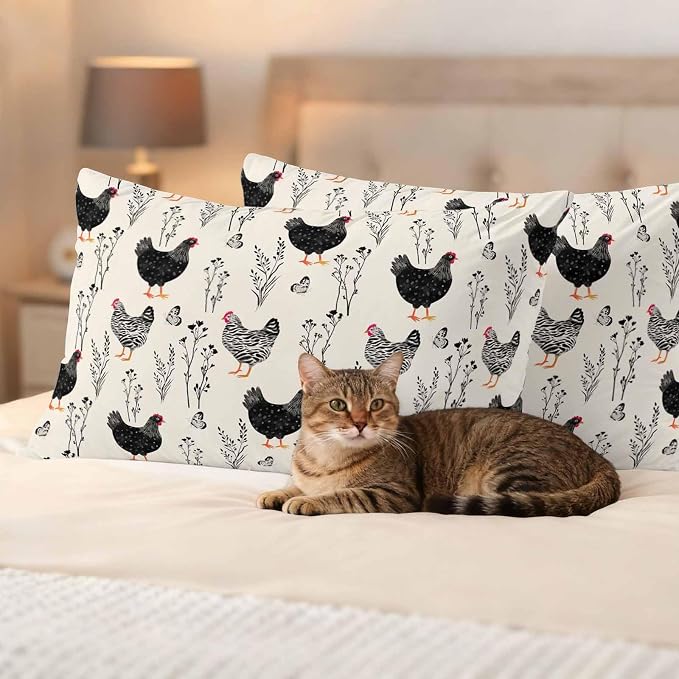 Beige Farm Chicken Outdoor Pillow Covers 20"x12" Set of 2, Country Farmhouse Black White Rooster Flower Leaf Waterproof Throw Pillow Covers for Patio Furniture, Decorative Cushion Covers for Porch