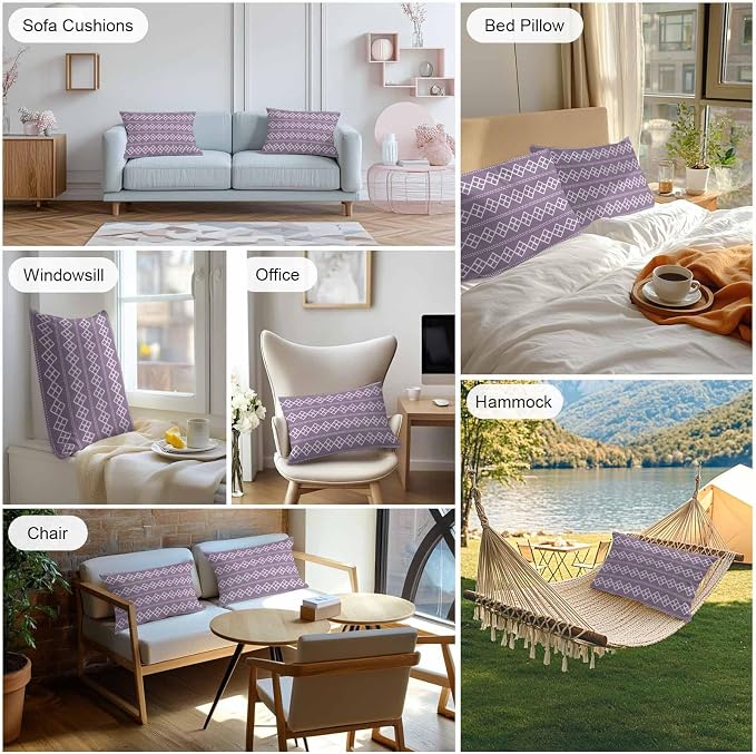 Purple Boho Outdoor Pillow Covers 20x12 Inch Lumbar Pillow Covers Set of 2 Waterproof Decorative Throw Pillow Cases Vintage Ethnic Tribe Abstract Art Cushion Covers for Patio Furniture Garden Couch