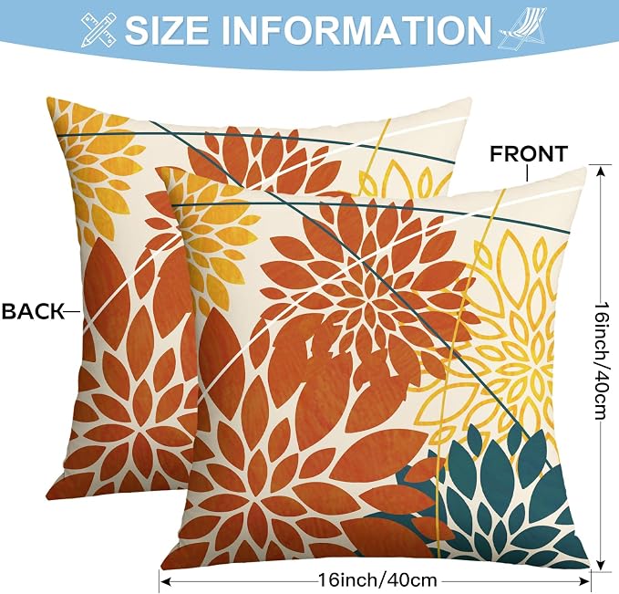 OTOSTAR Outdoor Orange Yellow Pillow Covers 16x16 Inch Set of 2 Blue Flower Throw Pillows Farmhouse Geometric Dahlia Floral Square Cushion Case Waterproof Decor for Sofa Patio Funiture Garden
