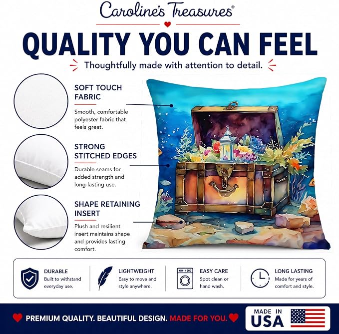 Caroline's Treasures Treasure Chest Throw Pillow Machine Washable, Indoor Outdoor Decorative Pillow for Couch, Bed or Patio, 14Hx14W