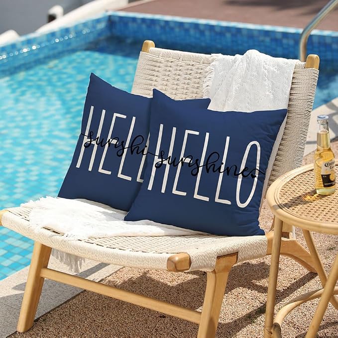 DFXSZ Navy Blue Outdoor Waterproof Pillow Covers 18x18 Set of 2 | Hello Sunshine Decor Spring Summer Polyester Pillow Covers(NO INSERTS)| Decor for Patio Funiture Garden Sofa Couch