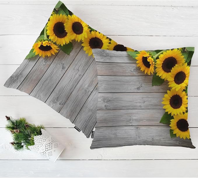 Swono Decorative Square Pillow Covers 18x18 Inch Sunflowers, Blossom Sunflowers Retro Wooden Polyester Pillow Case Set of 2, Soft Cushion Cover Pillowcases for Home Bedroom Couch Sofa Armchair