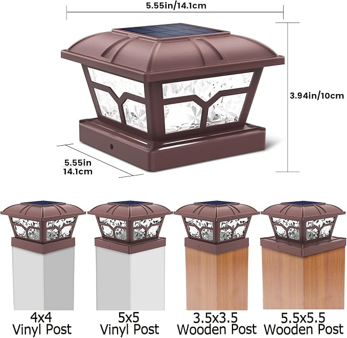 SIEDiNLAR Solar Post Cap Lights Outdoor 2 Color Modes 8 LEDs for 4x4 5x5 6x6 Posts Fence Deck Patio Decoration Warm White & Cool White Lighting Brown (4 Pack)