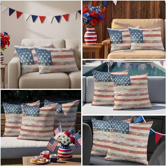 Retro American Flag Outdoor Pillow Covers 26"x26" Set of 2, Independence Day Waterproof Throw Pillow Covers for Patio Furniture, Decorative Cushion Covers for Porch