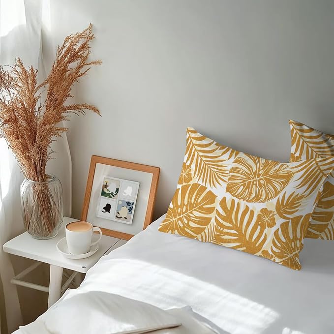 Vintage Yellow Palm Leaves Outdoor Pillow Covers 20"x12" Set of 2, Tropical Botanical Minimalist Modern Waterproof Throw Pillow Covers for Patio Furniture, Decorative Cushion Covers for Porch