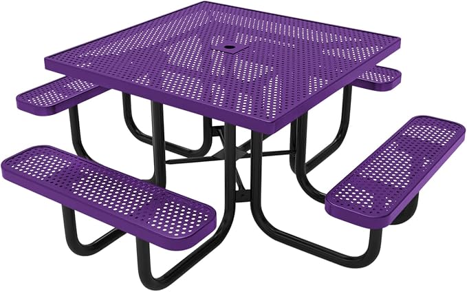 COATEDOUTDOORFURNITURE Heavy-Duty Portable Outdoor Picnic Table with Umbrella Hole, Punched Steel Commercial-Grade Patio Dining Furniture Made in America (46" Square Top, Purple)