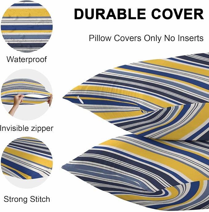Outdoor Waterproof Throw Pillow Covers Set of 2 Yellow Stripes Lines Pillowcases 16x16 Inches Navy Blue Classic Striped Decorative Pillows Cushion Case Patio Pillows for Couch Bed Chair Garden