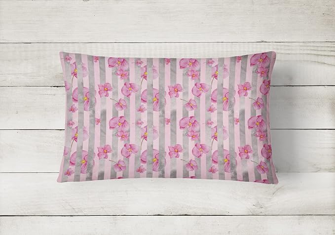 Caroline's Treasures BB7502PW1216 Watercolor Pink Flowers Grey Stripes Canvas Fabric Decorative Pillow Machine Washable, Indoor Outdoor Decorative Pillow for Couch, Bed or Patio, 12HX16W
