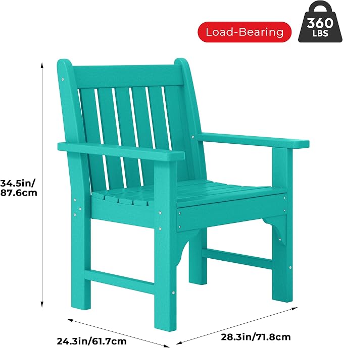 Costaelm Outdoor Dining Arm Chair, Patio HDPE Garden Dining Table Chair, Poly Lumber Waterproof Restaurant Bistro Farmhouse Chairs for Outside Porch Backyard, Turquoise