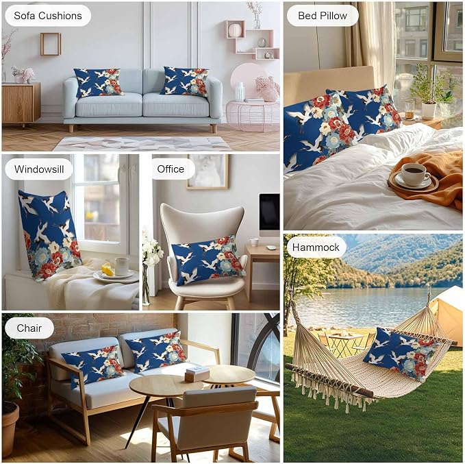 Japanese Style Outdoor Pillow Covers 20x12 Inch Lumbar Pillow Covers Set of 2 Waterproof Decorative Throw Pillow Cases Blue Rustic Botanical Blossom Peony Birds Cushion Covers for Patio Furniture