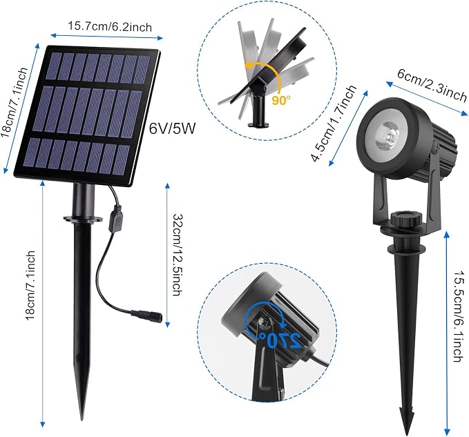Solar Spot Lights Outdoor, 6000K Cool White Landscape Spotlights IP65 Waterproof 9.8ft Cable, Dusk to Dawn Solar Uplights for Trees Garden Yard Driveway Porch Walkway Pool (6-in-1)