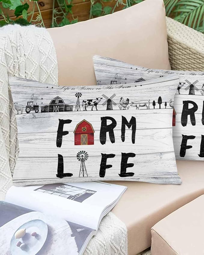 Outdoor Throw Pillows Covers 20x12 inch Set of 2 Waterproof Farm Life Decorative Zippered Cushion Covers for Patio Furniture, Farmhouse Barn Windmill Cow Chicken Tractor Wood Lumbar Pillowcases