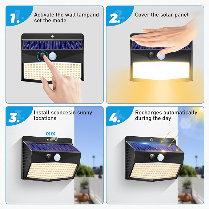 16 Packs Solar Outdoor Lights Motion Sensor Solar Security Light Waterproof with 3 Lighting Modes Solar Powered Wall Lights Outside for Garden Fence Yard, Warm White