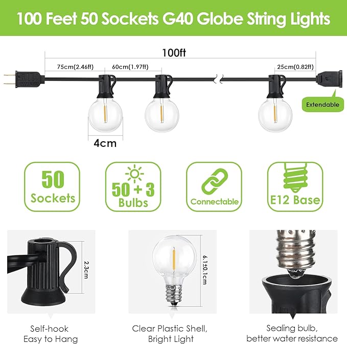 100Ft LED Outdoor String Lights, Dimmable Patio Lights, Waterproof Shatterproof 53 G40 Globe Bulb String for Backyard Bistro-Black 1 Pack