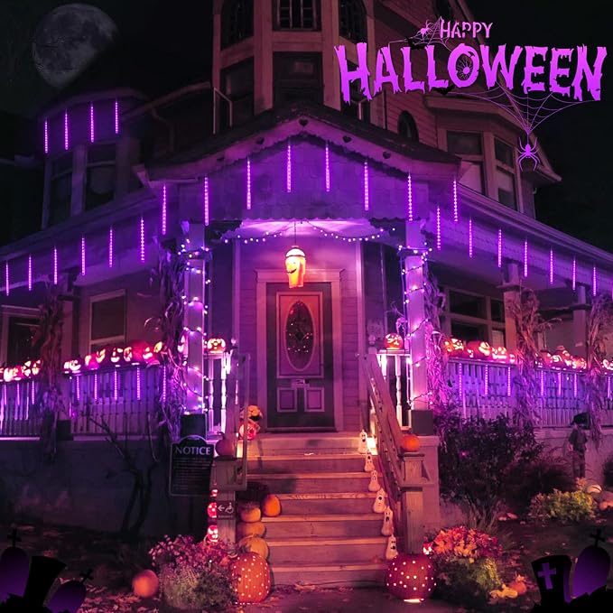 JMEXSUS Solar Halloween Lights Outdoor Purple Solar Lights | 8 Tube 144 LEDs, Solar Meteor Shower Lights for Halloween Tree Fence Eaves Patio Yard Holiday Party Decor