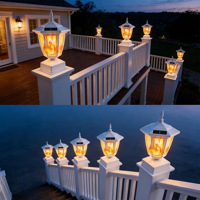 Dynaming 2 Pack Solar Flame Post Lights Outdoor, Solar Powered Lamps Fence Post Cap Lights, Flickering Flame LED Lantern Waterproof for Garden Deck Patio, Fit 4x4, 5x5 or 6x6 Wooden Posts, White Shell