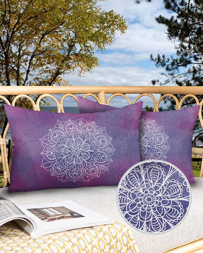 Outdoor Waterproof Throw Pillows Indian Mandala on Purple Patio Pillows Pack of 1,Decorative Pillow Covers with Insert,Pillow Cushion Case for Indoor Garden Couch Sofa Retro Flower Watercolor Art