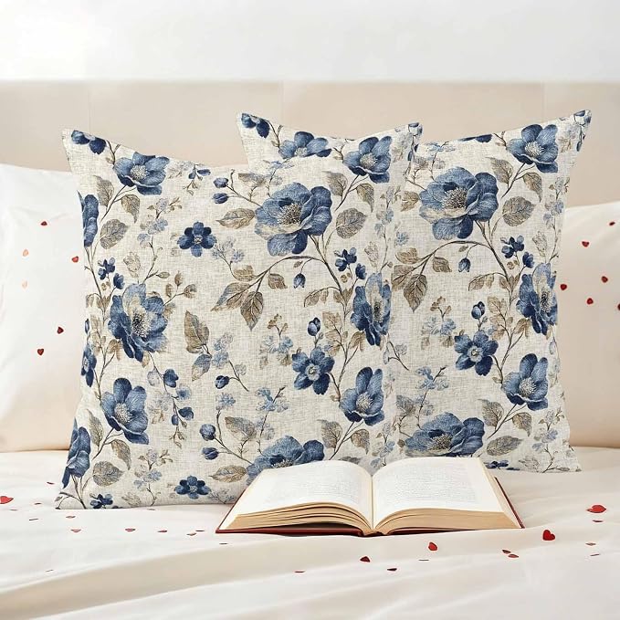 Blue Gray Waterproof Outdoor Pillow Covers 26''x26'' Set of 2, Vintage Botanical Patio Furniture Spring Florals Cushion Covers for Chairs, Decorative Farmhouse Pillow Cases for Garden/Pool/Beach
