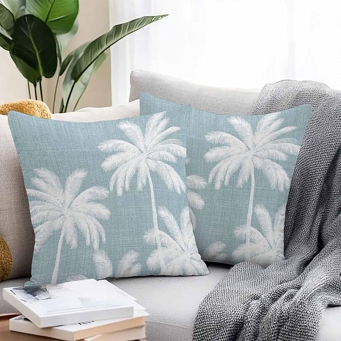 Outdoor Pillow Covers 18x18 Inch Set of 2, Grey Blue Palm Trees Waterproof Throw Pillow Covers, Farmhouse Tropical Summer Beach Decorative Cushion Pillowcases for Couch, Sofa, Bed, Garden, Patio