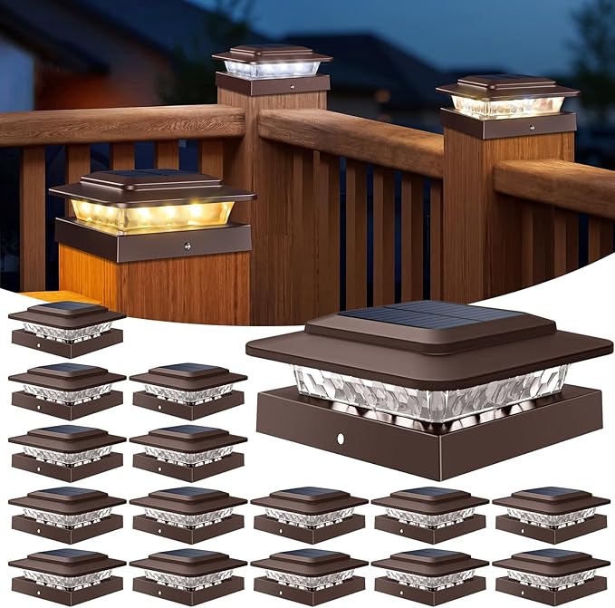 kolpop 4x4 Solar Post Cap Lights Outdoor 16Pack- 3 Color Temperatures&2 Level Brightness, IP65 Waterproof, 16 LED Fence Deck Post Light Solar Powered Only for 4×4/3.5×3.5 Wood/Vinyl Posts(Brown)