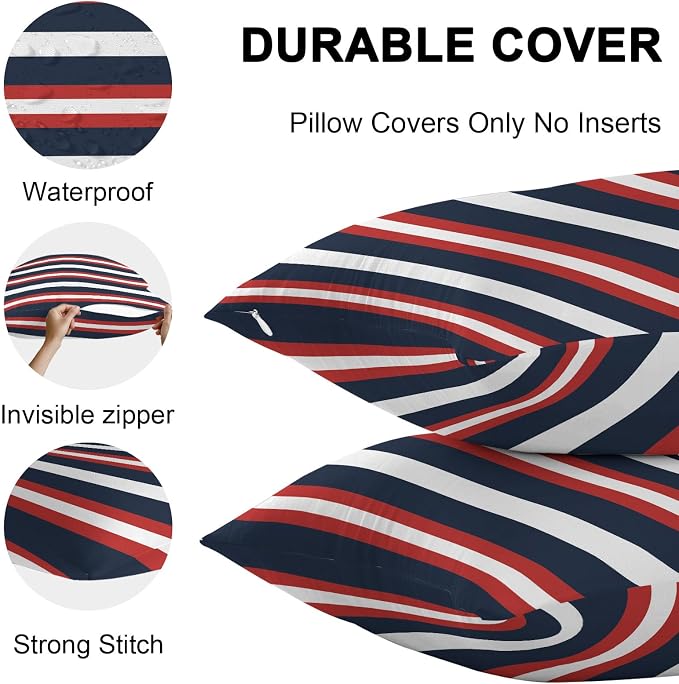 Red Navy Blue Striped Outdoor Pillow Covers Waterproof, All Weather Cushion Case Set of 2, Contemporary Minimalist Aesthetic Lumbar Pillowcase for Sofa Couch Bed Decor Patio Furniture 20"x12"