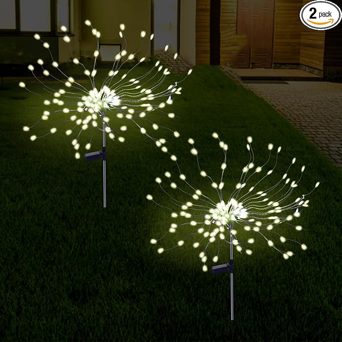 PXBNIUYA 2 Pack Solar Firework Lights Outdoor, 175 LED Garden Lights with 2 Modes, Waterproof DIY Copper Wire Solar Starburst Light for Yard Wedding Patio Halloween Christmas Decor（Warm White）