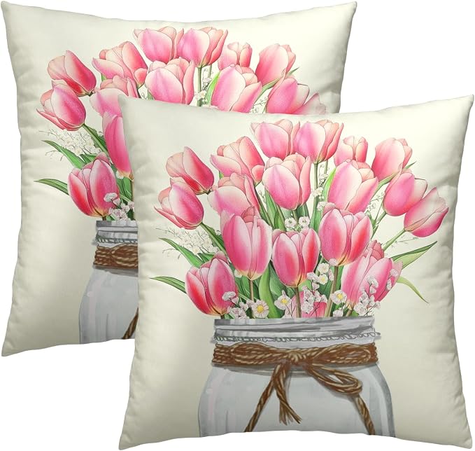 Spring Tulips Flowers Pillow Covers 20x20 Inch, Set of 2 Watercolor Pink Floral Spring Decorative Throw Pillowcases Square Cushion Cover for Couch Sofa Bed Porch Outdoor Home Decor