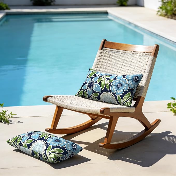Outdoor Lumbar Pillows with Insert 12x20 Inch, Waterproof Throw Pillow for Patio Furniture, Decorative Lumbar Cushions for Garden Home Sofa Office Chair, Set of 2, Azure Botanical Symphony
