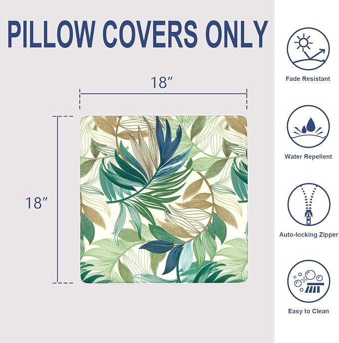 Outdoor Throw Pillow Covers Pack of 2, Decorative Water Repellent Square Pillow Cases with Piping 18x18 Inch, Lush Leaf Green