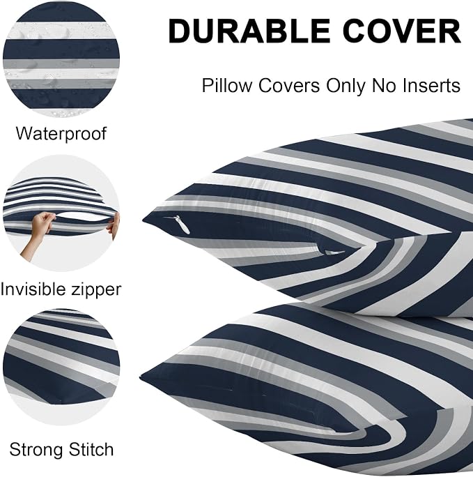 Navy Blue Grey Striped Outdoor Pillow Covers Waterproof, All Weather Cushion Case Set of 2, Farmhouse Stripes Minimalist Decorative Pillowcases for Sofa Couch Bed Decor Patio Furniture 16"x16"