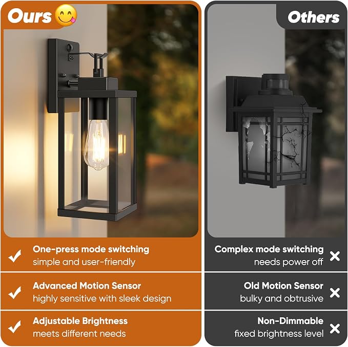 BesLowe 2-Pack 14” Upgraded Motion Sensor Outdoor Wall Lights, Black | Auto ON/OFF, 3 Lighting Modes, Waterproof, Rust-Resistant, Durable Metal & Clear Glass, Standard E26 Sockets, Easy to Install