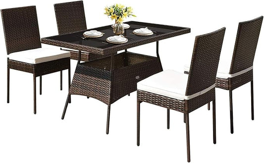 HAPPYGRILL 5-Pieces Patio Dining Set Outdoor Rattan Wicker Table and Chair Set with Glass Tabletop, Modern Dining Furniture Set with Cushioned Chairs for Backyard Porch Dining Room Kitchen