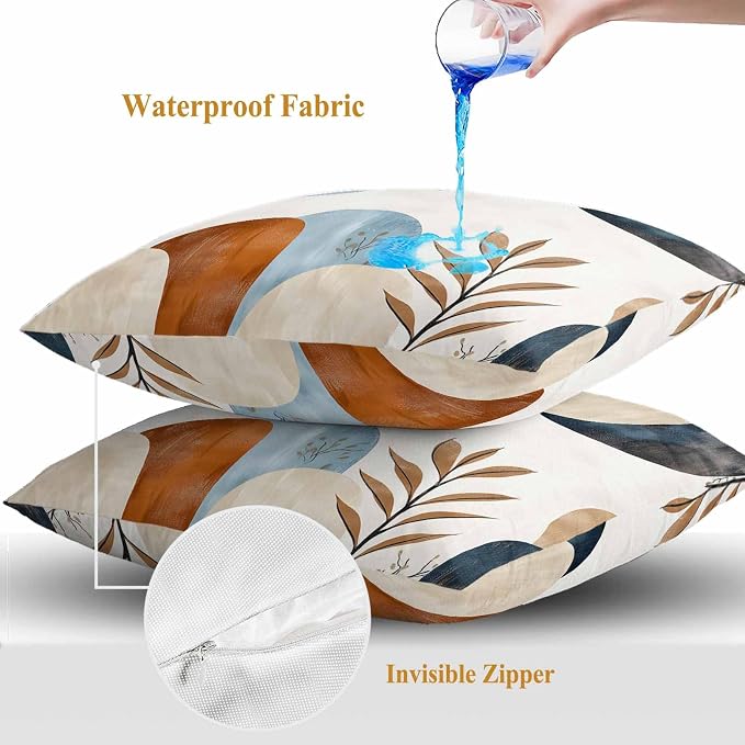 Bohemian Nordic Outdoor Waterproof Throw Pillow Covers Set of 2, 16"x16", Simple Colorful Abstract Leaves Decorative Pillow Covers Outside Cushion Case for Patio Porch Garden