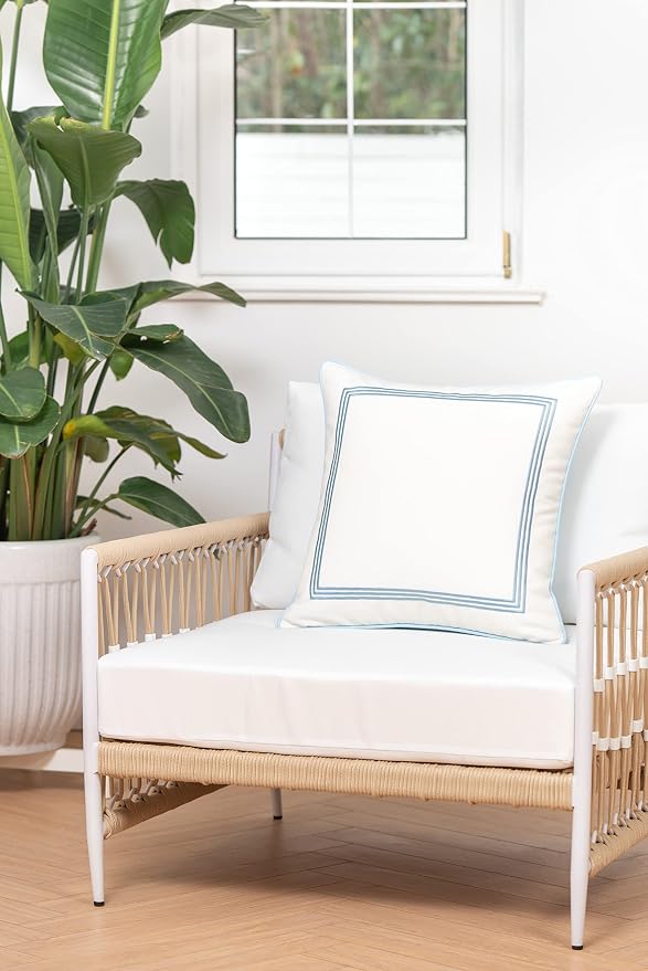 Hofdeco Premium Coastal Hampton Style Patio Indoor Outdoor Pillow Cover Only, 20"x20" Water Resistant for Backyard, Couch, Baby Blue Embroidered Square Line