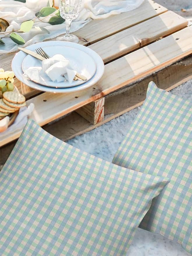 Outdoor Waterproof Throw Pillow Covers Set of 2 Buffalo Plaid Pillowcases 18x18 Inches Blue Linen Classic Checked Patio Decorative Pillows Cushion Case Patio Pillows for Couch Bed Chair Garden