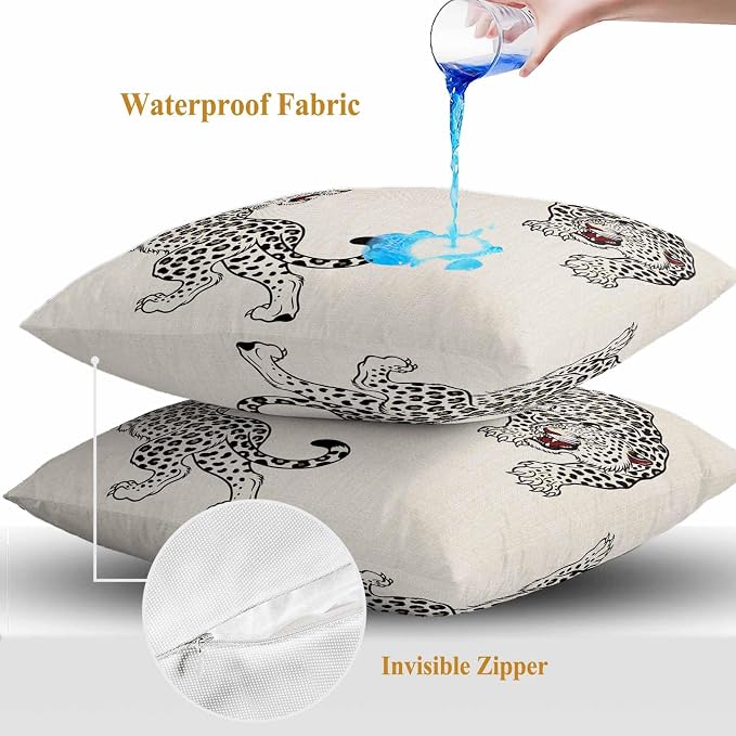 Yukro Beige Leopard Outdoor Waterproof Pillow Covers Pack of 2, Modern Style Wild Animal Rustic Linen Texture Throw Pillowcases Decorative Cushion Covers for Garden Patio Tent Sofa Couch, 20x20 inch