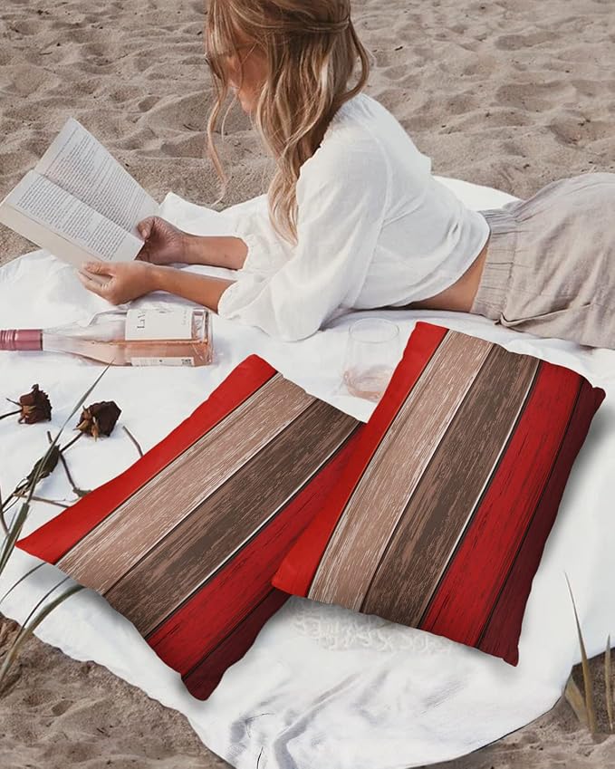 Outdoor Throw Pillow Covers 12X20 Set of 2 Waterproof Ombre Christmas Red Brown Decorative Zippered Cushion Covers for Patio Furniture, Farmhouse Retro Rustic Barn Wood Texture Lumbar Pillowcases